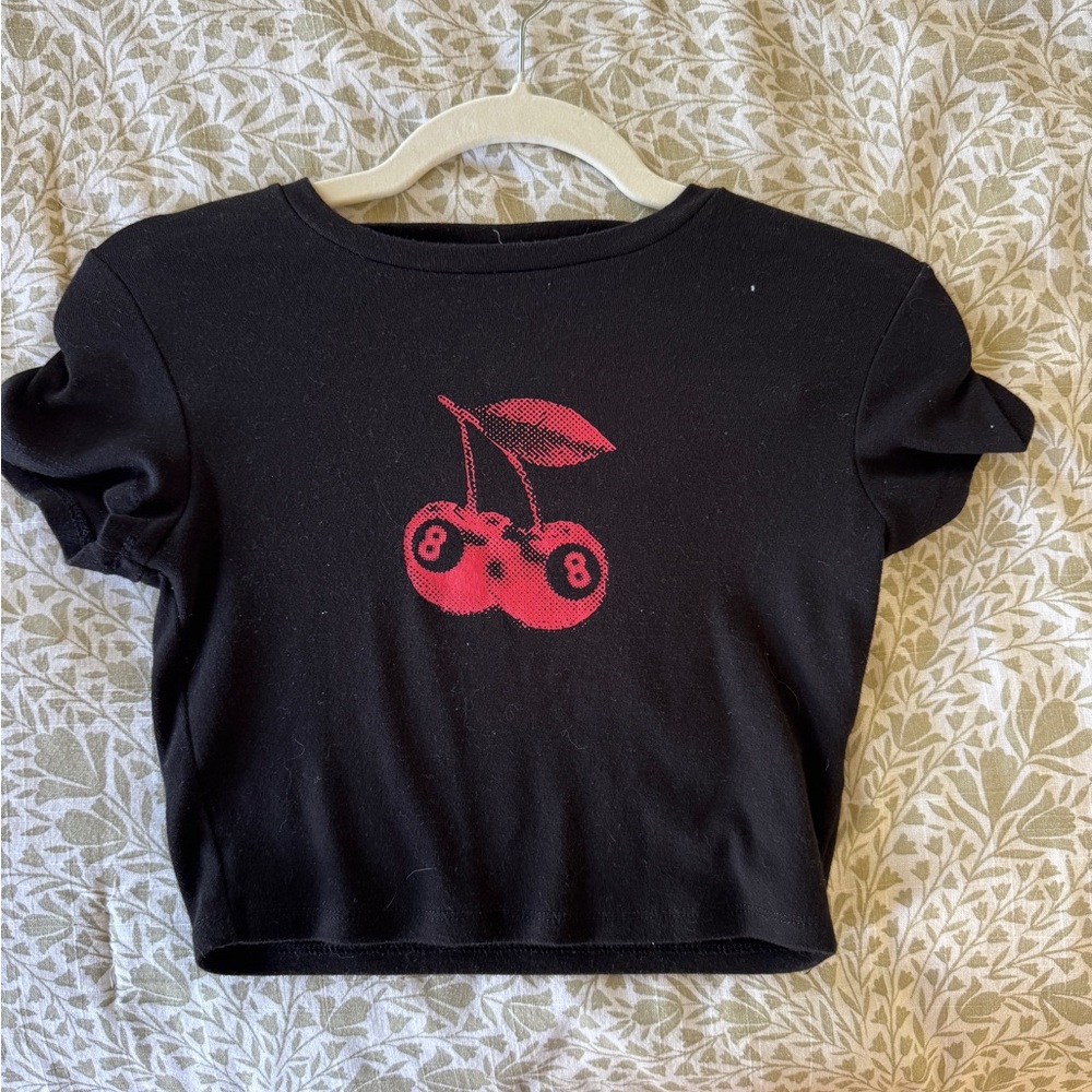 Black Crop Tee with Red Cherry Graphic - women’s